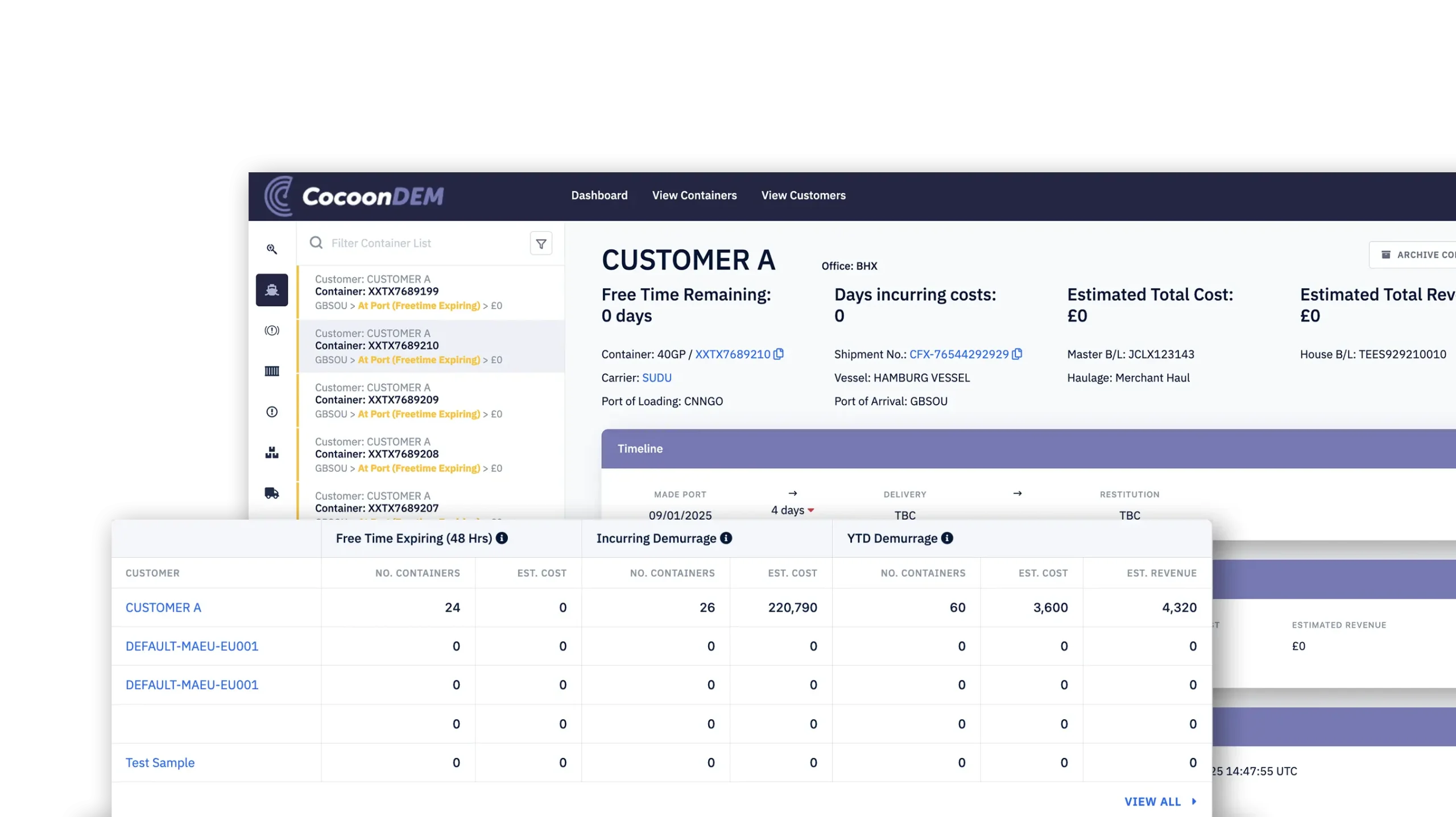 Demurrage calculator screens